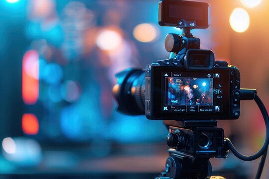 A DSLR camera captures live action at an event, illuminated by bright colorful lights. Generative AI