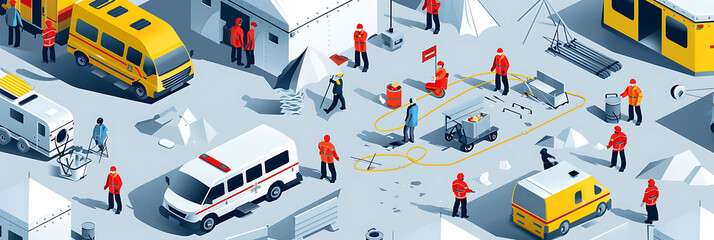 Emergency medical team setting up a triage area at a disaster site close scrutiny infographic of triage operations