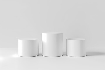 Three white cylindrical podiums on a white background. Minimalist product display stand for beauty, fashion or cosmetic products.