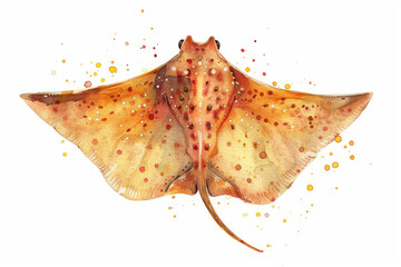 Naklejka premium Watercolor Ray with Elegant Wings, Warm Tones, Nursery Art, White Background Hand Painted Marine Life Wall Decoration, Sea Creature Illustration for Kids Room, Home Decor, Art Print