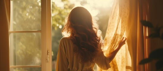 Woman Opening Curtains to Sunshine
