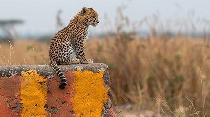 A leopard CEO addressing an audience from a colorfully painted podium in a savanna