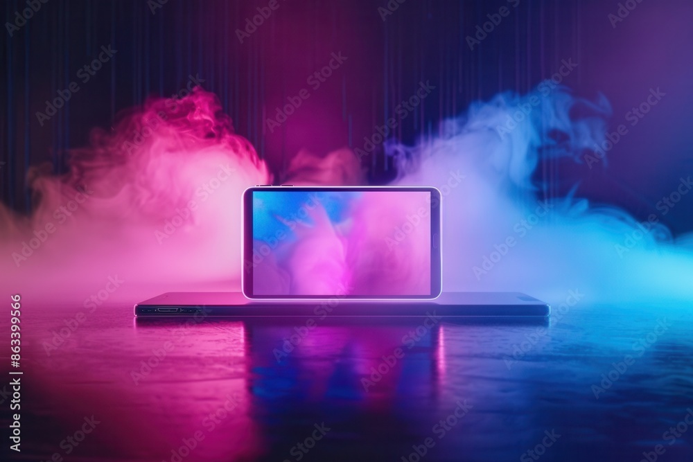 Poster a close-up of a tablet screen displaying streaming video content. the background is illuminated with