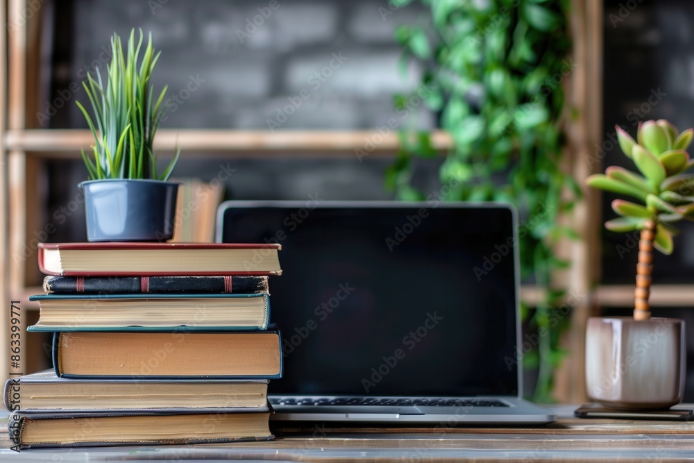 Fototapete a stack of textbooks sits on a desk next to a closed laptop, symbolizing modern learning methods. ge