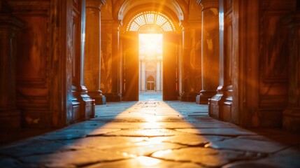 Fototapeta premium A long hallway with a large archway and sunlight shining through it. The light creates a warm and inviting atmosphere
