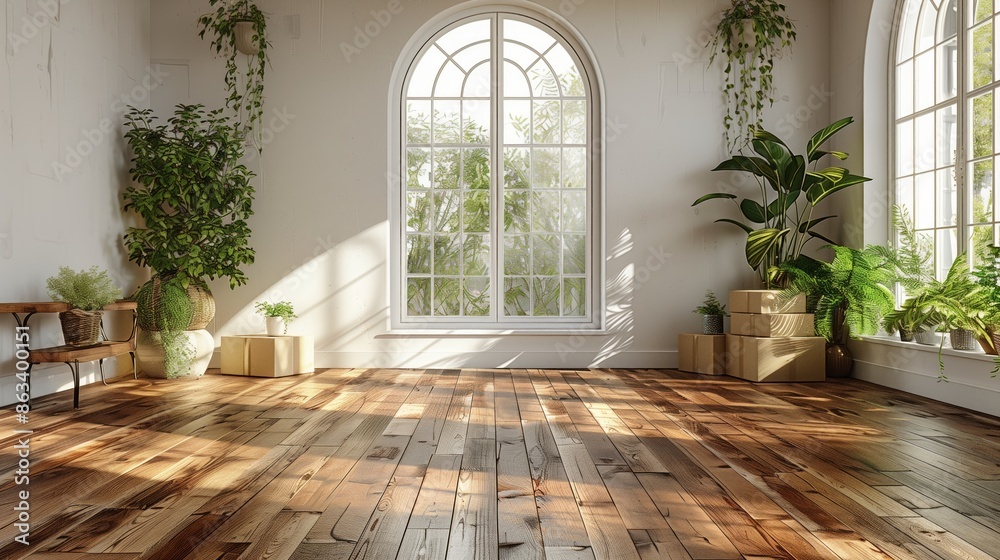 Wall mural Sunlit Room With Hardwood Floors and Plants Near Window