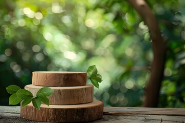 Wooden podium with green leaves on blurred nature background. Concept of natural product display, sustainable design, and beauty presentation.