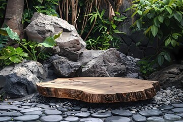 Obraz premium Wooden Tree Slice Platform in Tropical Garden Setting with Rocks and Lush Greenery. Nature Inspired Product Display for Cosmetics, Wellness Products, or Natural Products.