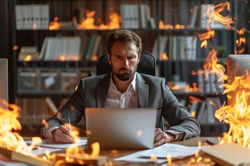 Man Working on Laptop in Office With Fire Surrounding Him
