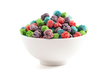 A Bowl Full of Red Purple Green and Blue Berry Flavored Kids Cereal Isolated on  White Background
