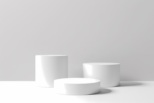 Three white cylinder podiums on a white background. Minimalist product display stand or pedestal for advertising.