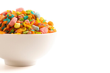 Bowl of Rainbow Colored Fruity Flavored Marshmallow Kids Cereal Isolated on a White Background.