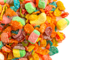 Bowl of Rainbow Colored Fruity Flavored Marshmallow Kids Cereal Isolated on a White Background.