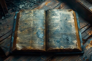 An Old, Damaged Book Open on a Wooden Surface