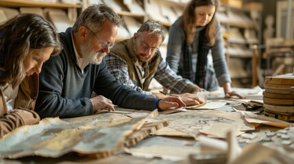 A group of historians examining old maps and artifacts in a dusty archive room