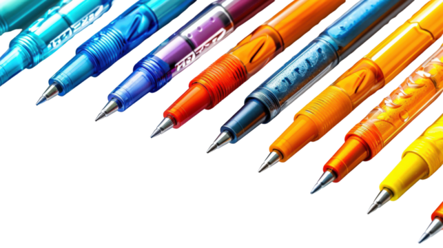 A row of colorful pens with silver tips on a black background. The pens are arranged diagonally from left to right.