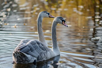 Fototapeta premium Two elegant geese floating peacefully on a serene lake in golden sunlight concept of nature tranquility