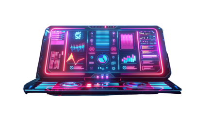 Futuristic interface with glowing neon lights and data visualizations on a digital screen.