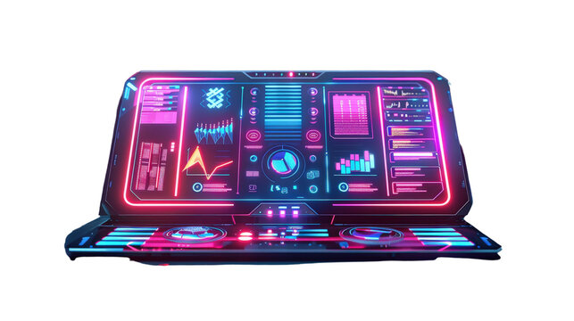 Futuristic interface with glowing neon lights and data visualizations on a digital screen.