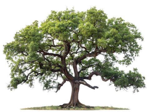 A large, majestic oak tree with thick branches and lush green leaves, isolated on a black background.