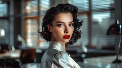 Naklejka premium A woman with red lips posing in a room, AI