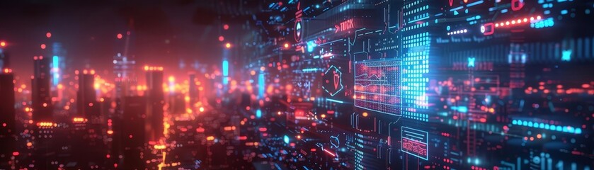 Obraz premium AR navigation, digital maps, holographic directions, futuristic cityscape, high detail, neon lights, realistic illustration, modern technology