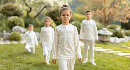 Obraz premium A group of children are wearing white clothing and standing in a grassy area. Scene is peaceful and serene, as the children seem to be enjoying their time outdoors