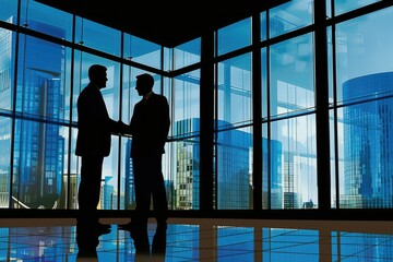 Fototapeta premium A business executive shaking hands with a client in a modern office setting.