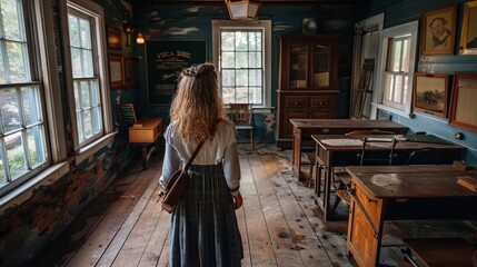 Naklejka premium A guide dressed as a 19th-century schoolteacher in a restored one-room schoolhouse