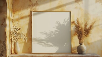 Golden poster frame mockup close up