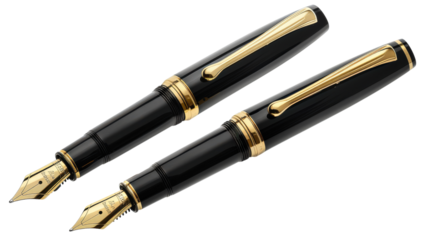Two elegant black and gold fountain pens isolated on a black background.