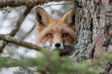 Obraz premium Red Fox Peeking From Behind Tree Branches In Winter Forest