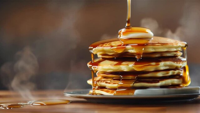 Stack of delicious, hot, homemade pancakes with honey. Healthy breakfast,crepes or blini close up.  Pancake's Day concept,4k