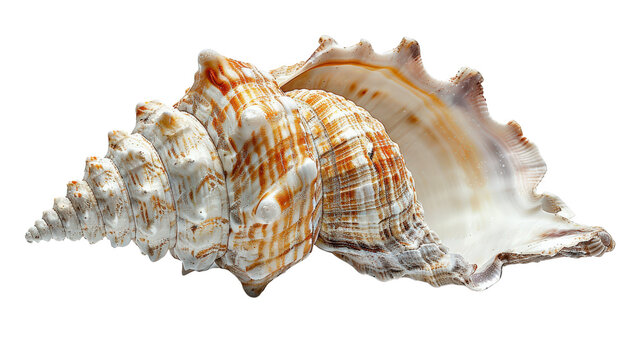 A large, spiraled seashell with intricate patterns and a pearlescent sheen, isolated on a black background.