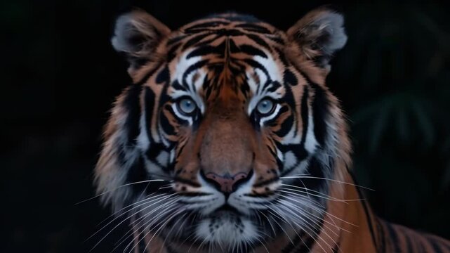 Close-up of a tiger's face emerging from darkness. Piercing amber eyes fixate on the viewer. 