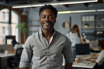 Fototapeta premium Confident African American businessman in casual attire smiling in modern tech office with team working behind