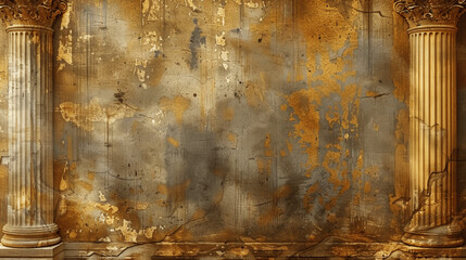 vintage ancient Roman and Greek wall background with aged plaster stone texture golden pillars faded graffiti