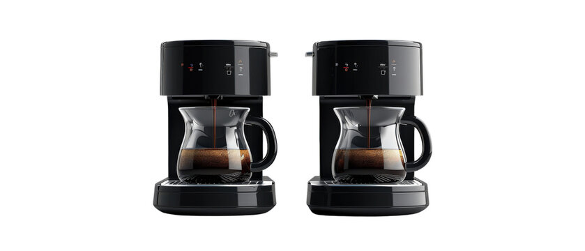 Two black coffee makers brewing fresh coffee.