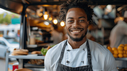 Fototapeta premium Portrait of smiling young African American male chef in apron at food truck street market