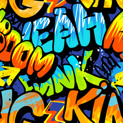Fototapeta premium Abstract seamless chaotic pattern with graffiti words. Bright neon Grunge texture background. Wallpaper for boys Fashion urban style