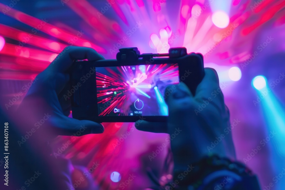Poster a close-up shot of a persons hands holding a smartphone filming a stage show lit with colorful light