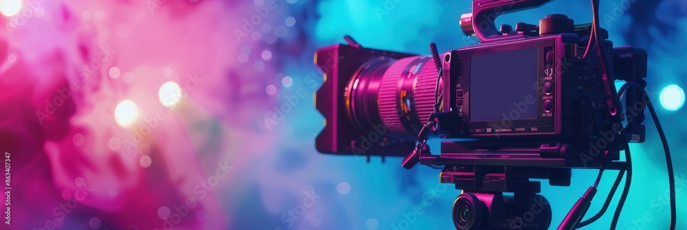 Poster a professional video camera captures the action on a vibrant stage with colorful lighting. generativ