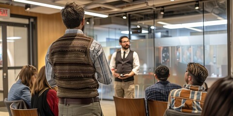 Obraz premium Confident businessman in sweater vest giving a professional presentation to attentive colleagues in a modern glass-walled office. Corporate meeting and teamwork concepts.