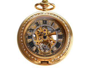 A gold pocket watch with intricate details and a skeletonized movement, adorned with diamonds.
