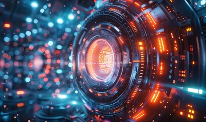 Obraz premium Quantum computing visualization, digital qubits, holographic interface, futuristic design, high detail, neon lights, 3D rendering, modern technology
