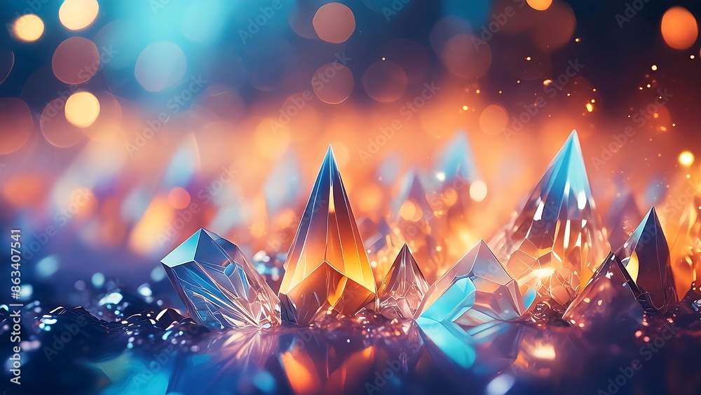 Poster Crystals with blue, green and orange reflections in a dark background. Glowing and shining gem stones. Abstract, surreal and magical concept. 3D render. - Posters