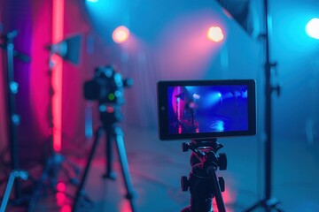 A close-up of a video camera displaying a vibrant video stream in a studio setting with blue and red lighting. Generative AI