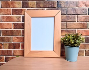 Empty wooden frame for mockup, located on a table in a living room and a brick wall. Templates.