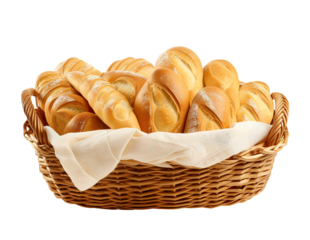 Wicker basket full of various bread loaves isolated cutout on transparent or white background.