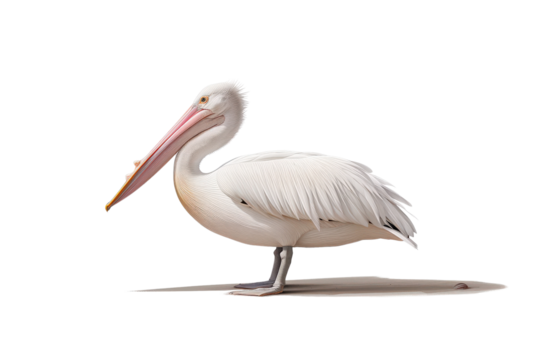 A white pelican with a large beak stands on a sandy beach, looking to the side.  Its feathers are ruffled by the breeze.